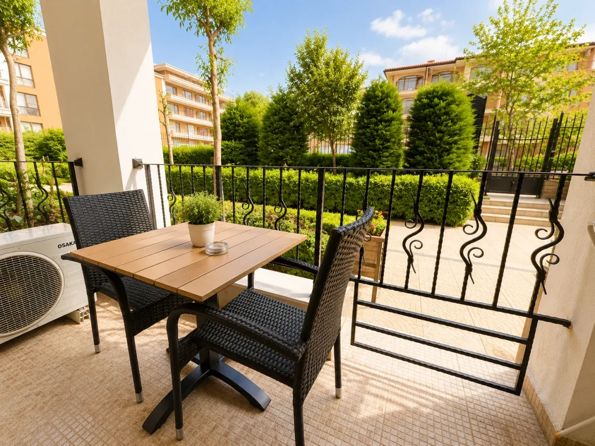 Balkon studia z widokiem na ogród